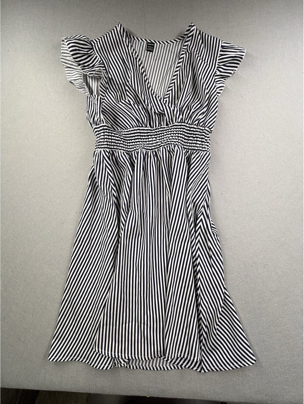 SHEIN Women’s Size Large Blue & White‎ Striped Surplice Neck Smocked Mini Dress